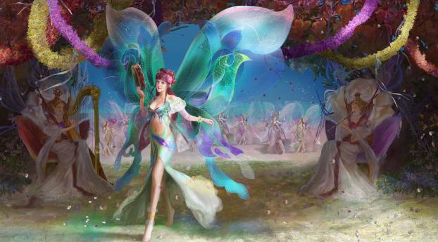 fairies, wings, musical instruments Wallpaper 1360x768 Resolution