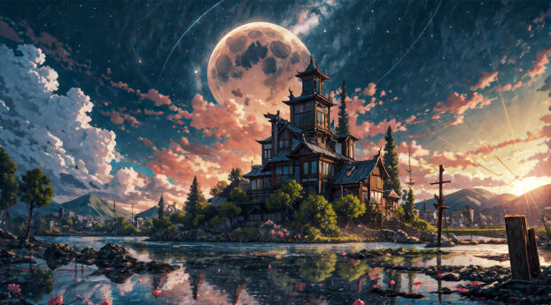 Fantasy Castle HD Moon Ai 2023 Art Wallpaper 1440x2560 Resolution