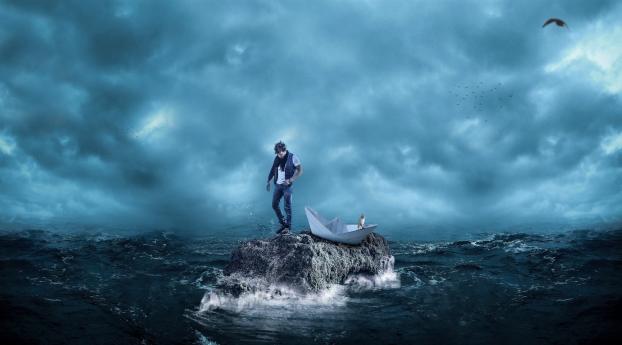 Fantasy Man With Cat and Paper Boat in Ocean Sea Wallpaper