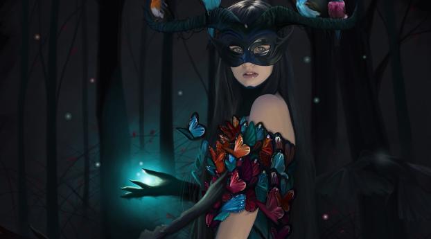 Fantasy Mask Women With Butterfly And Birds In Night Wallpaper