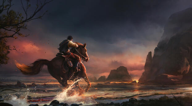 Fantasy Men Horse Riding Wallpaper 1440x3120 Resolution