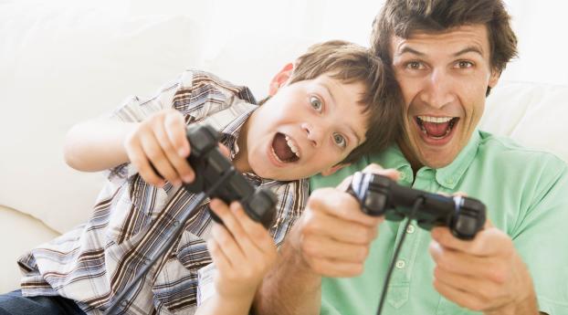 father, son, joysticks Wallpaper 2560x1080 Resolution