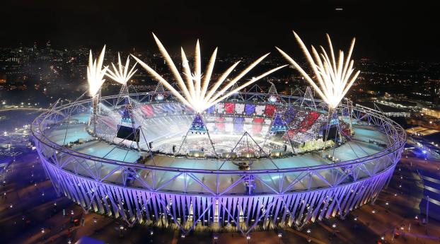 fireworks, opening ceremony,  stadium Wallpaper 2300x1080 Resolution