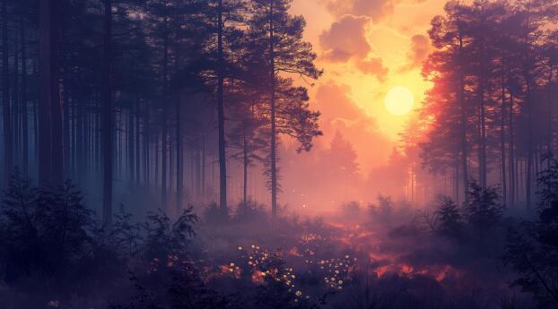 Forest Enchanting HD Sunset Wallpaper