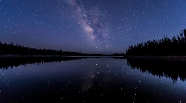 Forest Milky Way Night Reflection over River Wallpaper 5120x2880 Resolution
