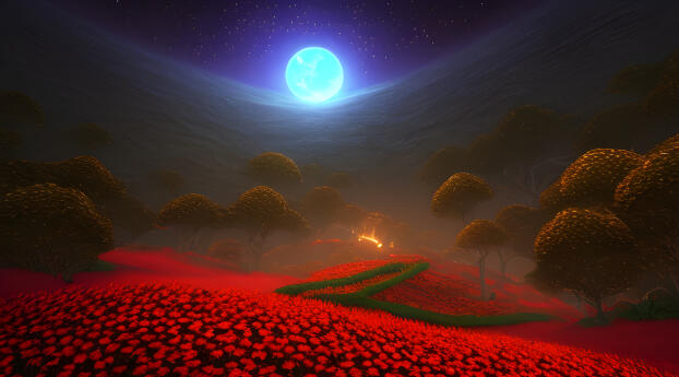 Forest Night Sky Flowers Valley HD Illustration Wallpaper 1080x2316 Resolution
