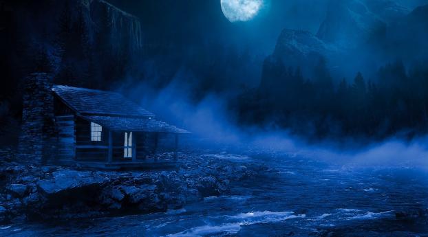 Full Moon over Lakeside Cabin Wallpaper 1080x2340 Resolution