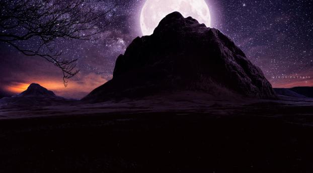 Full Moon Over Mountain On Starry Night Wallpaper 1440x2960 Resolution