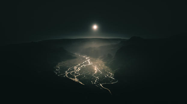 Full Moon Over Mountain River At Night Wallpaper 360x325 Resolution