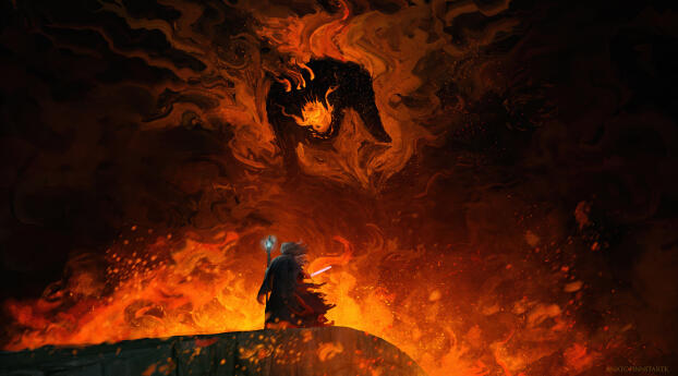 Gandalf vs Balrog Fire Battle 4K The Lord of the Rings Wallpaper