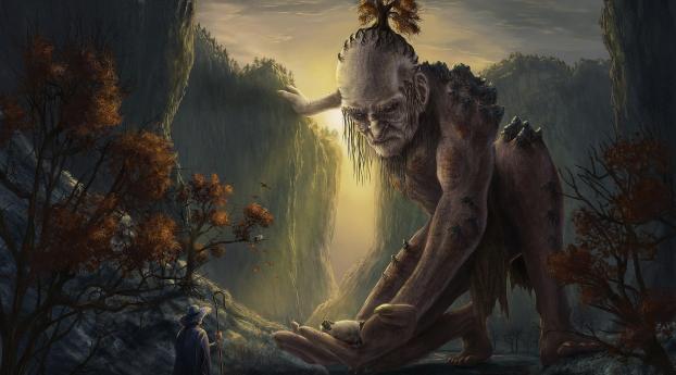 Giant Mountain Monster In Forest Wallpaper 1080x2160 Resolution