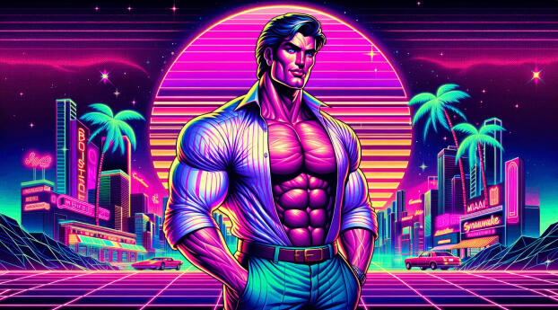 Giga Chad Retro Neon Meme HD Colorful Art Wallpaper 320x200 Resolution
