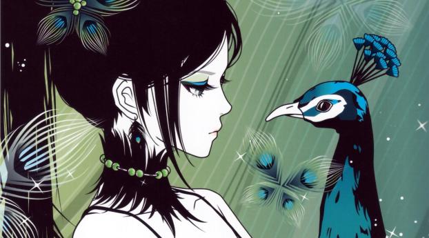 girl, anime, peacock Wallpaper 2048x1152 Resolution
