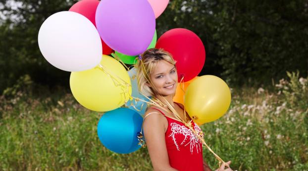 girl, balloons, grass Wallpaper