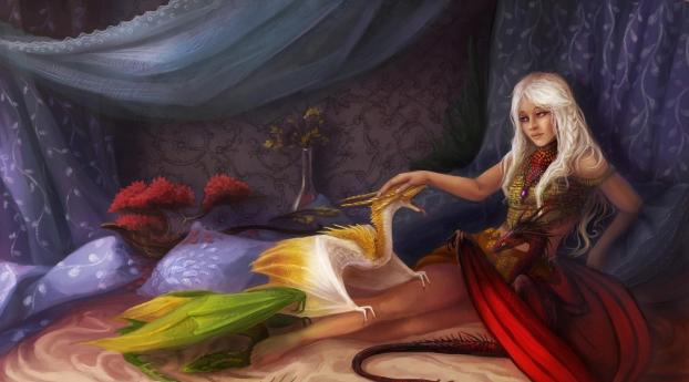 girl, bed, dragons Wallpaper 640x1136 Resolution