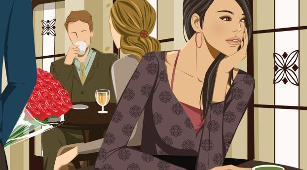 girl, cafe, couple Wallpaper 1600x400 Resolution
