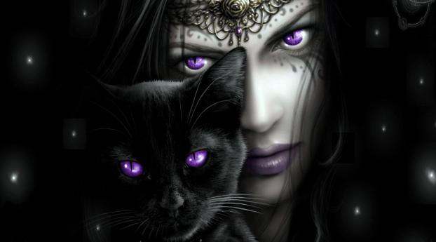 girl, cat, eyes Wallpaper 1600x900 Resolution