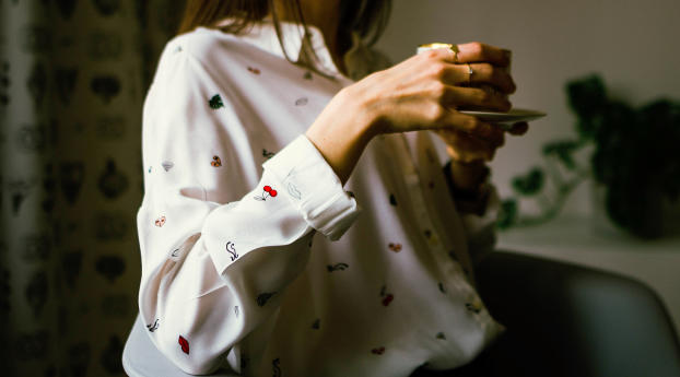girl, cup, shirt Wallpaper 2560x1080 Resolution