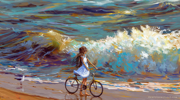 GIrl Cycling Near Sea 4K Wallpaper