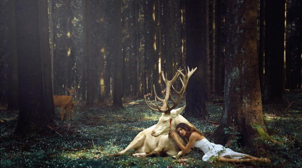 girl, deer, forest Wallpaper
