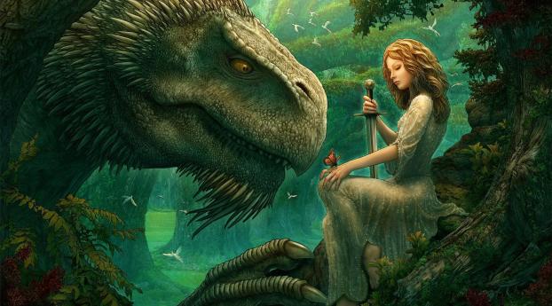 girl, dinosaur, sword Wallpaper 2560x1024 Resolution