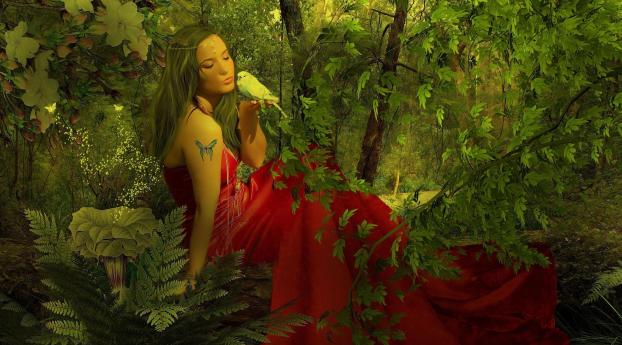 girl, dress, forest Wallpaper