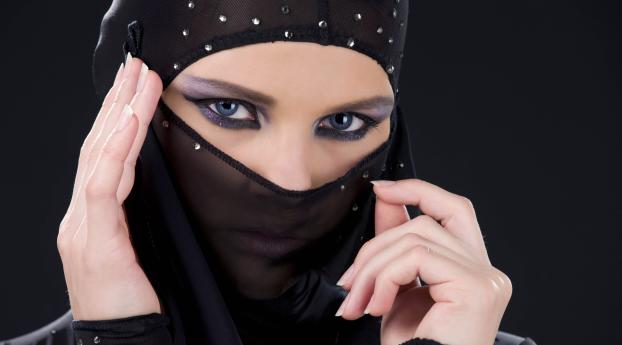 girl, face veil, black background Wallpaper