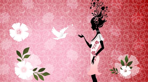 girl, flowers, bird Wallpaper 640x960 Resolution