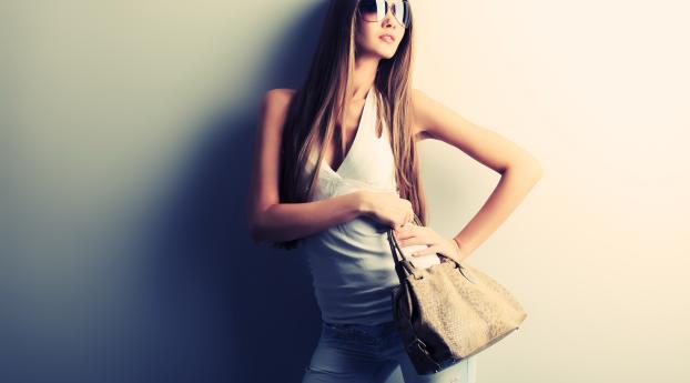 girl, glasses, bag Wallpaper 5120x1600 Resolution