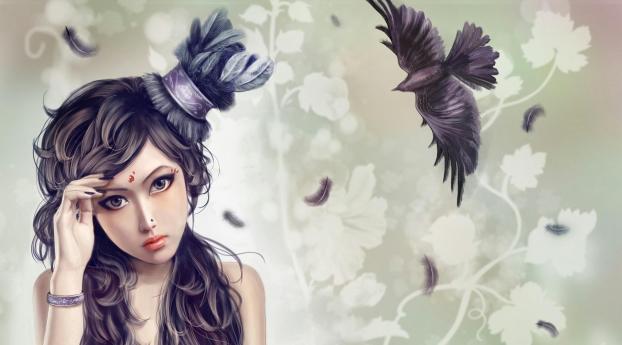 girl, hat, bird Wallpaper 1280x2120 Resolution