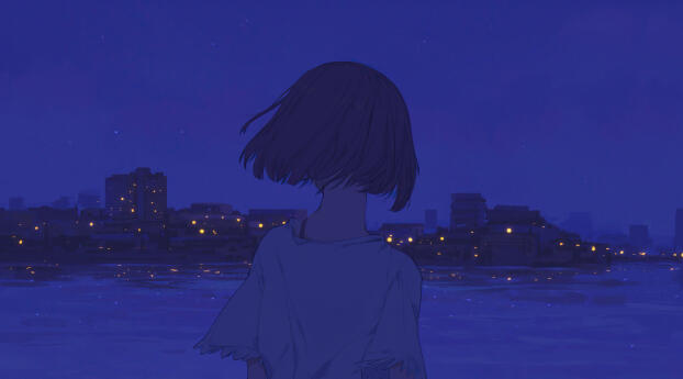 Girl HD Anime Blue Night Wallpaper 1024x600 Resolution