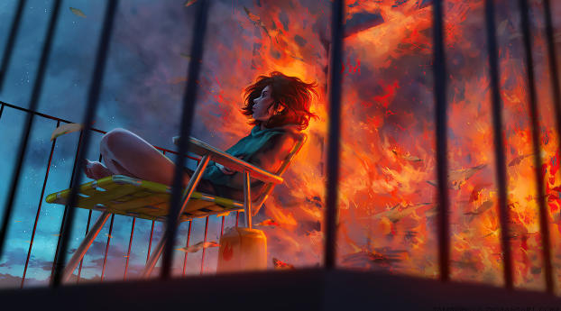 Girl In Flame Wallpaper 1600x600 Resolution