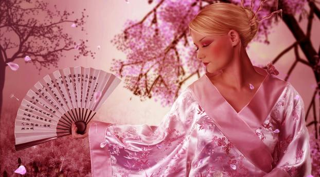 girl, japanese, fan Wallpaper 1440x900 Resolution