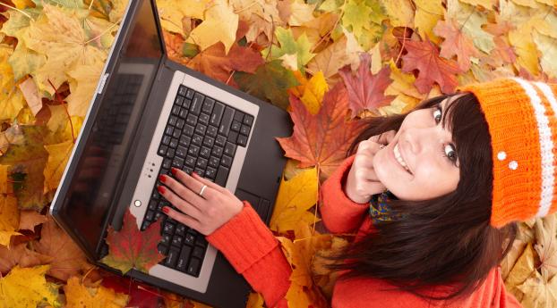 girl, laptop, autumn Wallpaper 4480x1020 Resolution