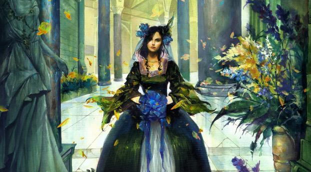 girl, leaves, dress Wallpaper 3840x2400 Resolution