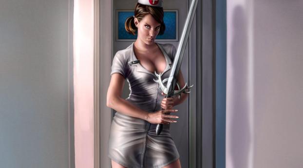 girl, nurse, sword Wallpaper 1242x2688 Resolution