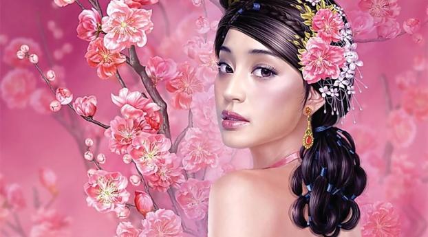 girl, pink, oriental cherry Wallpaper 320x480 Resolution