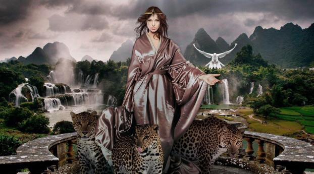 girl, predators, jaguars Wallpaper 640x960 Resolution