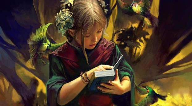 Girl Reading Book Fantasy Art Wallpaper 480x484 Resolution