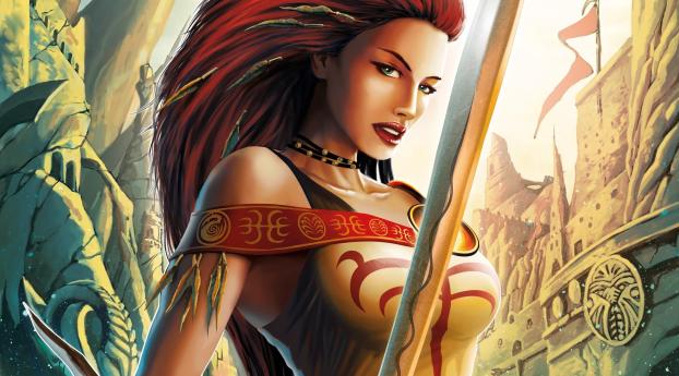 girl, red-haired, sword Wallpaper 480x960 Resolution