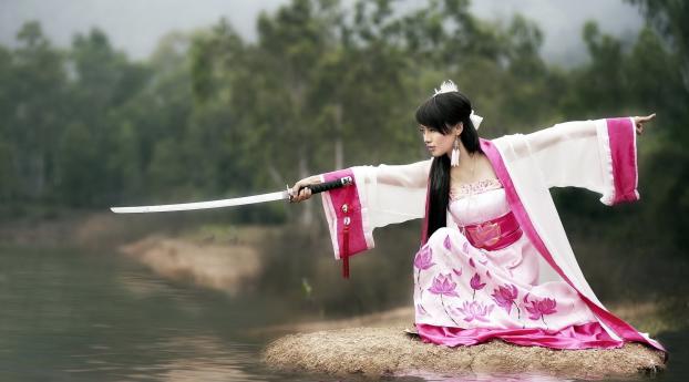 girl, samurai, sword Wallpaper 1235x338 Resolution