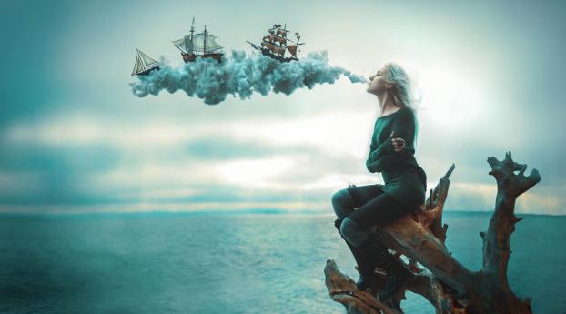 girl, sea, smoke Wallpaper 1920x1080 Resolution