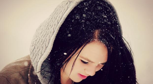 girl, snow, hood Wallpaper 640x1136 Resolution