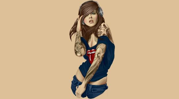 girl, tattoos, headphones Wallpaper