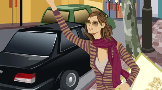 girl, taxis, street Wallpaper 2048x1152 Resolution
