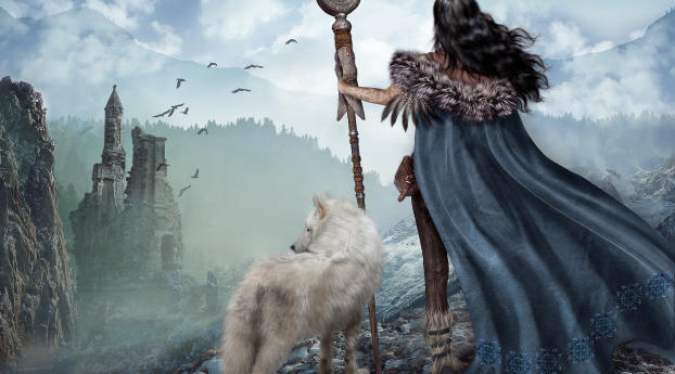 girl, warrior, wolf Wallpaper 2880x1800 Resolution
