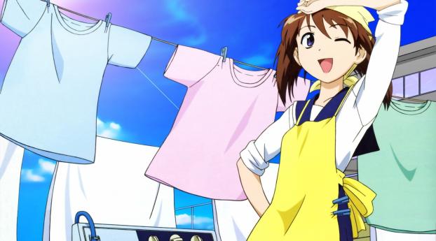 girl, washing, apron Wallpaper 1366x768 Resolution