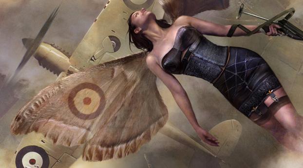 girl, wings, plane Wallpaper 1600x900 Resolution