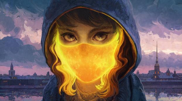 Girl with Fire Mask Wallpaper 1024x500 Resolution