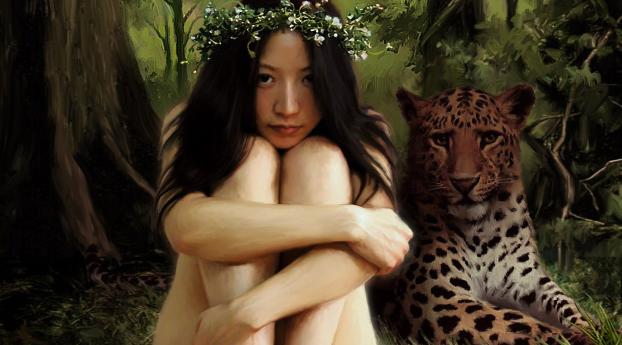 girl, wood, leopard Wallpaper 640x1136 Resolution